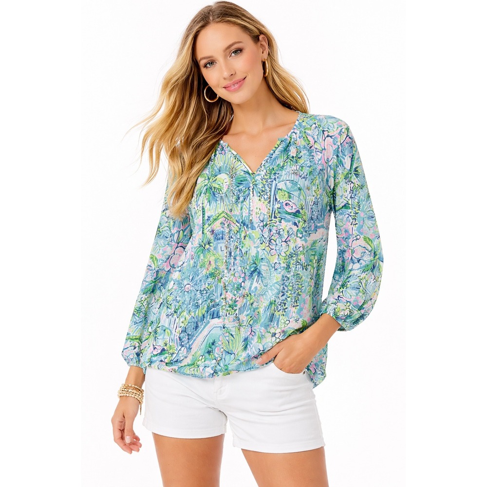Lilly Pulitzer Winsley Top Blue Green Tropical Floral V-Neck Long Sleeve Large